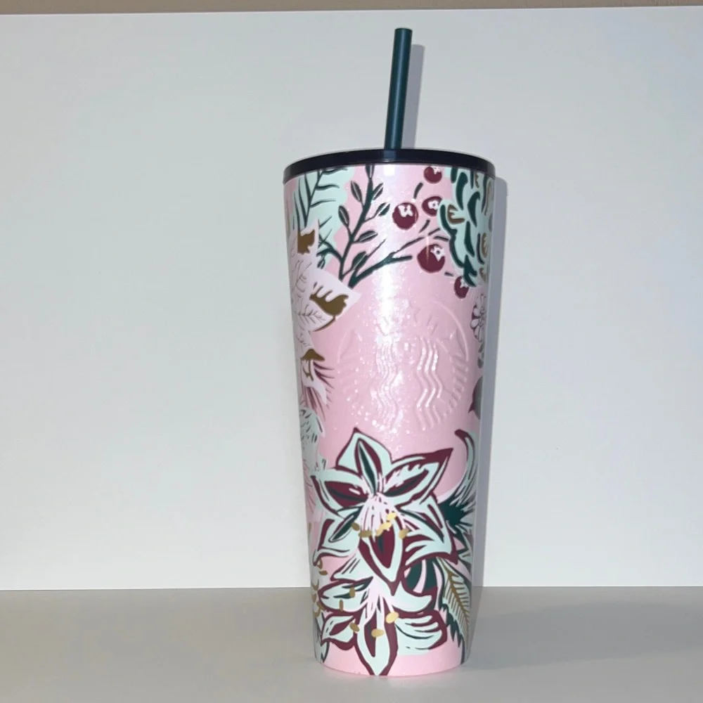 RARE Starbucks 2022 Holiday Pink Enchanted Forest Stainless Steel Tumbler 24 Oz
